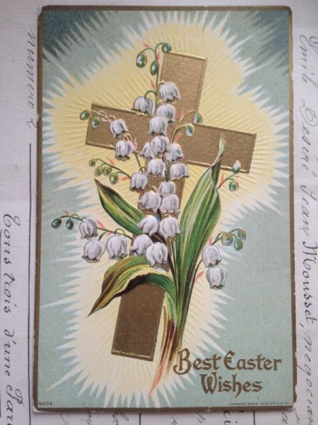 画像1: アンティーク ポストカード イースター エンボス すずらんと十字架 Best Easter Wishes (1)